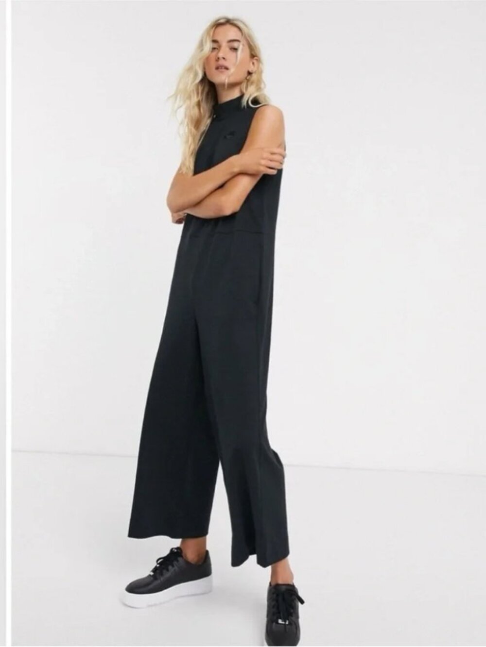 NWT Nike Slouchy Mock Neck Wide Leg Crop Jumpsuit Black Cotton Knit Size Large
